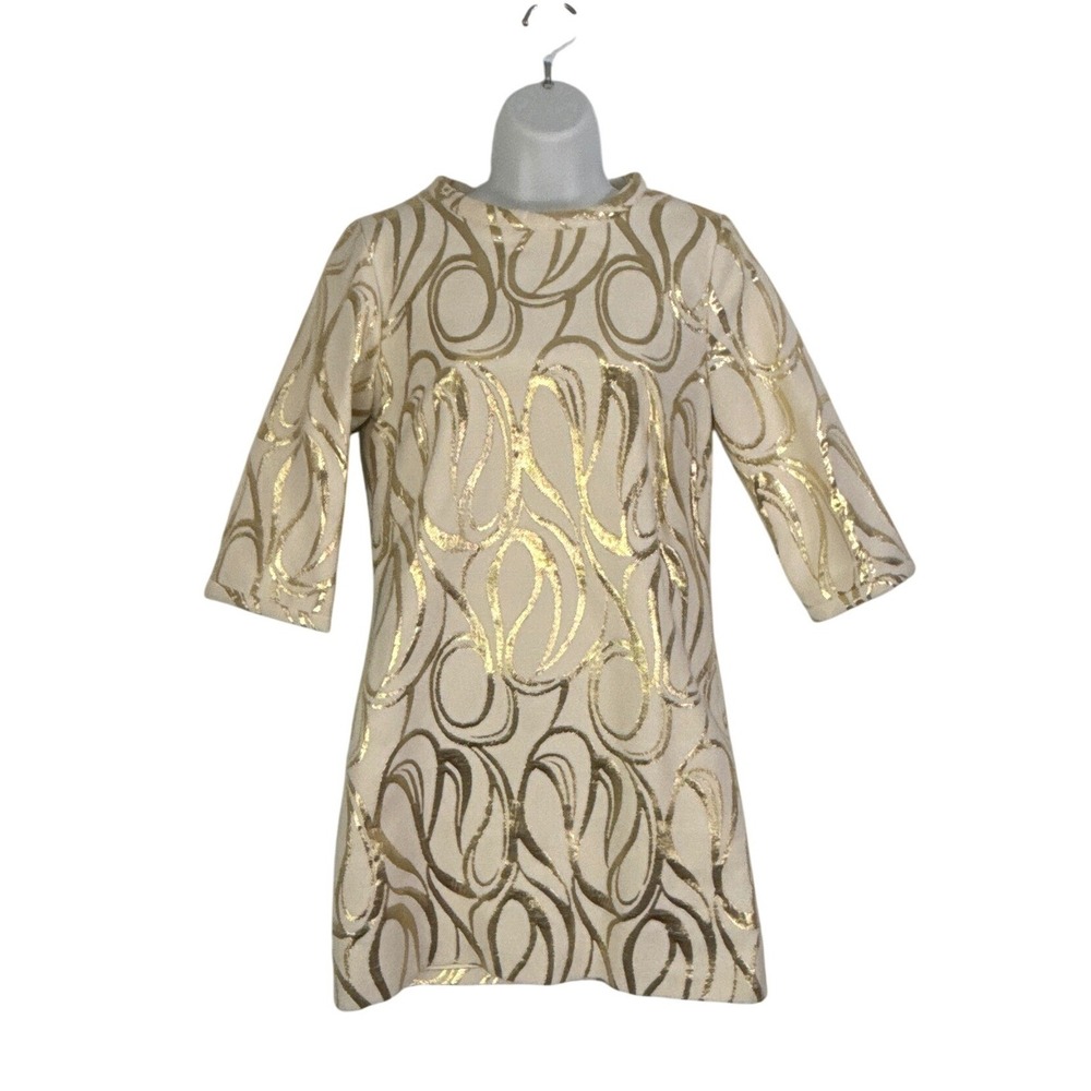 Milly of New York Gold Metallic‎ Swirl Jacquard Shift Dress Cream GoGo, sz 4